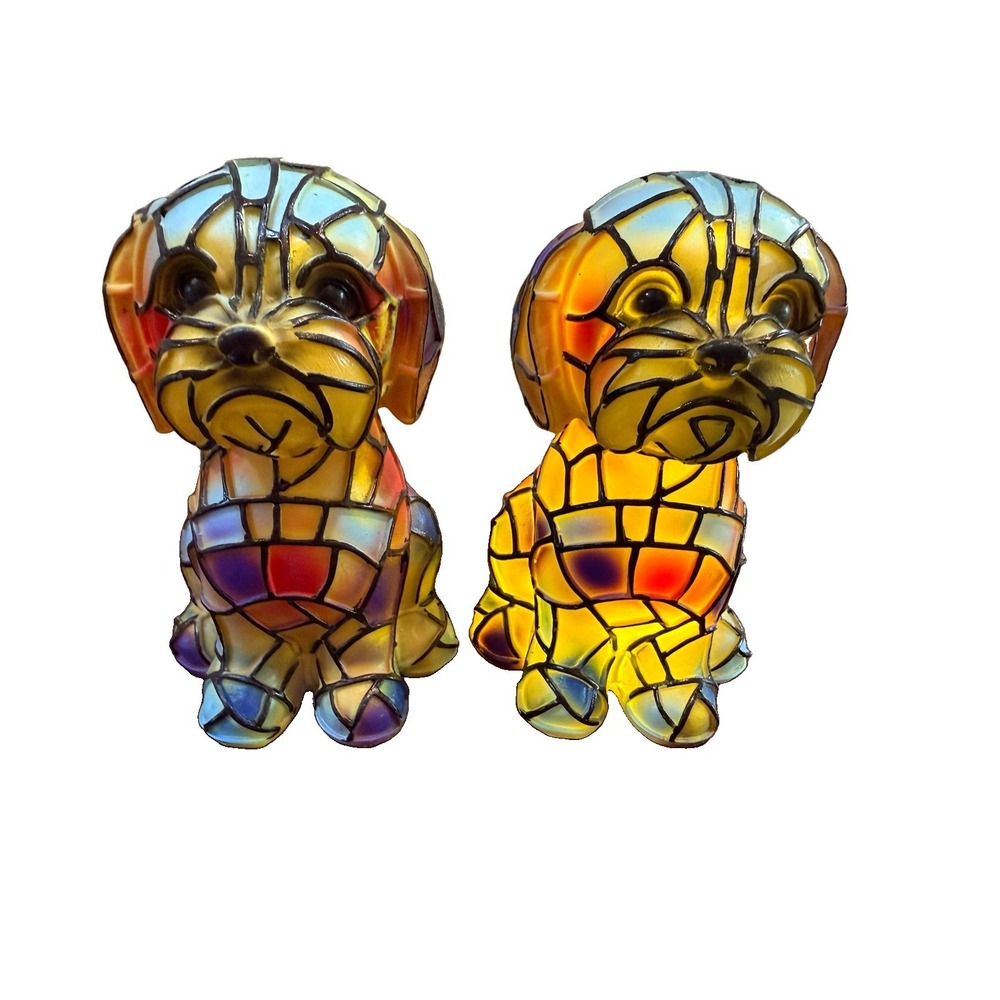 Tiffany Style Stained Resin Dog Lamp Pair Shih Tzu Maltese Night Light Decor 6"